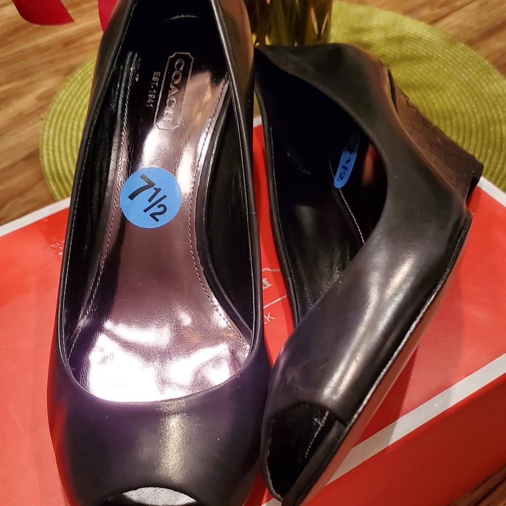 COACH Black Open Toe Leather Wedge Heel Size 7 1/2